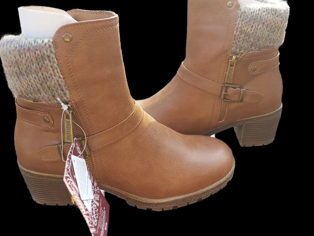 MUK LUKS Womens Sz 7 Ankle Boots Knit Cuff Side Zip Brown Buckle Chunky Heel
